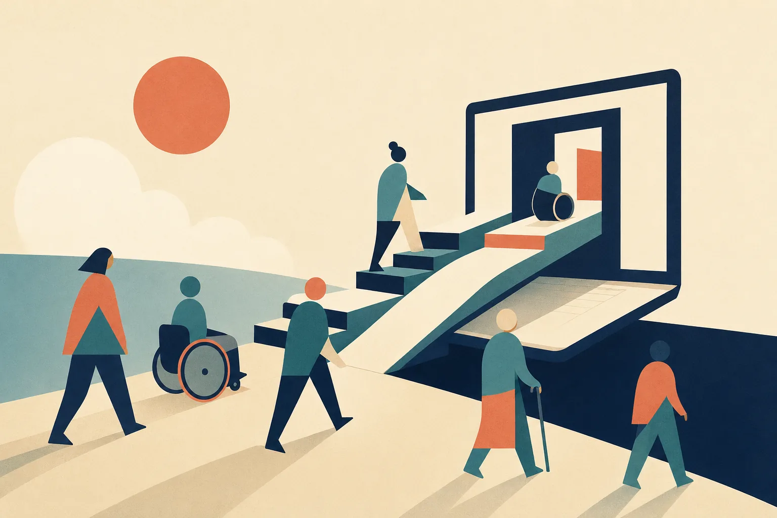 Editorial illustration: people of varied abilities approaching a digital interface via stairs and a ramp.