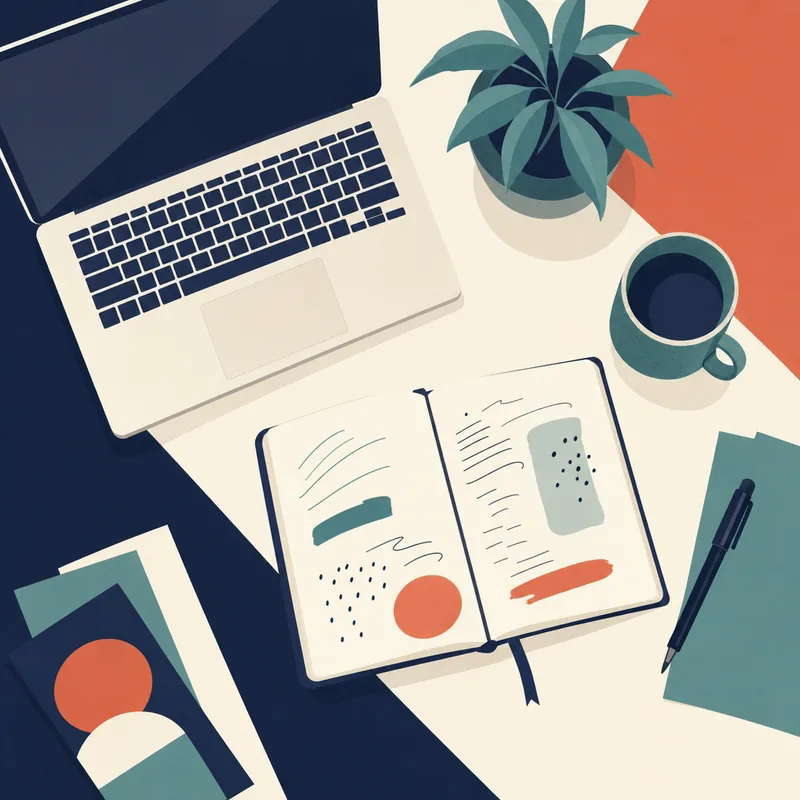 Editorial illustration: writing desk with notebook and coffee cup.