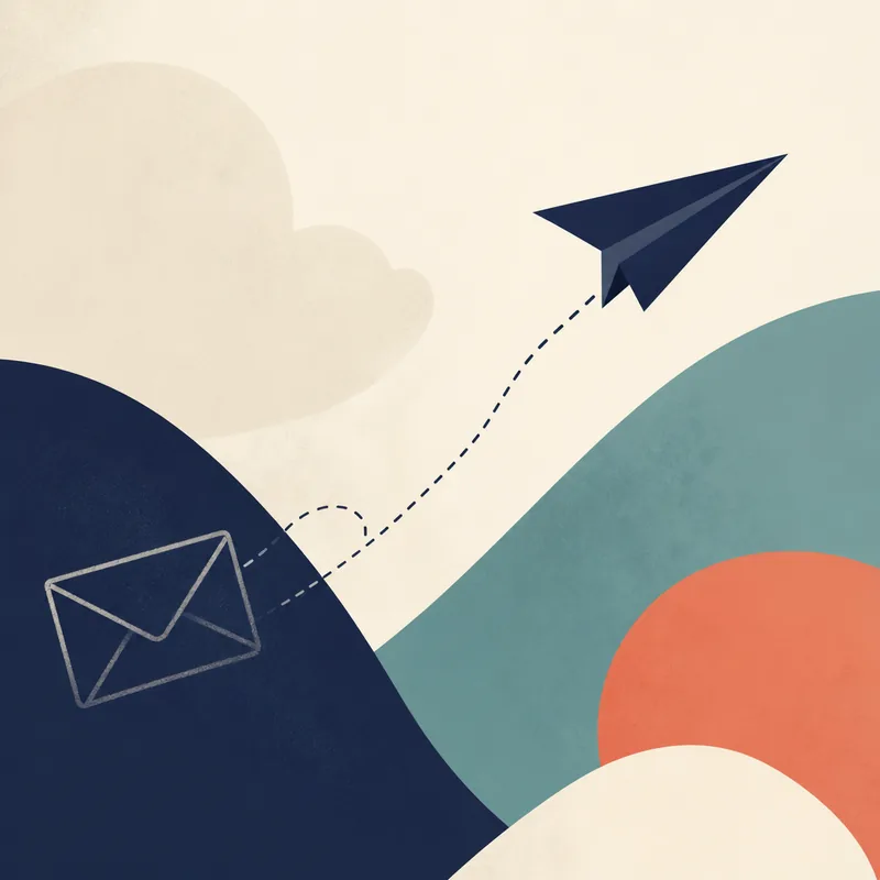Editorial illustration: paper plane in flight with envelope outline.