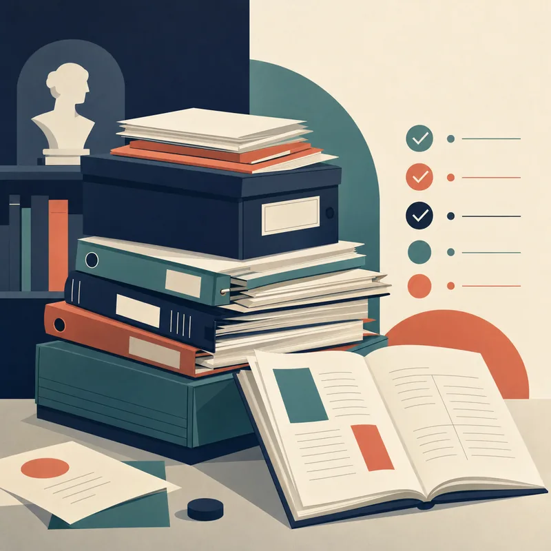 Editorial illustration: stacked folders and an open document.